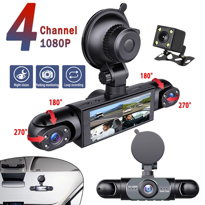 4-Channel Car Dash Cam – 1080P HD DVR with Night Vision & 64GB Memory