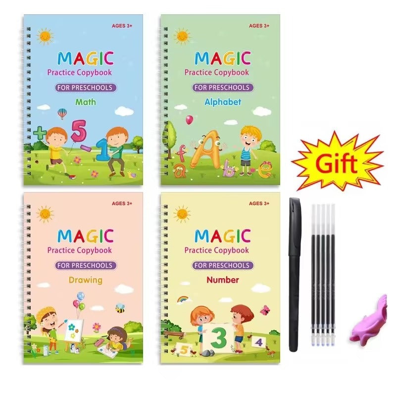 Magic Reusable Copybook Set – 4 Practice Books with Pen for Kids Learning