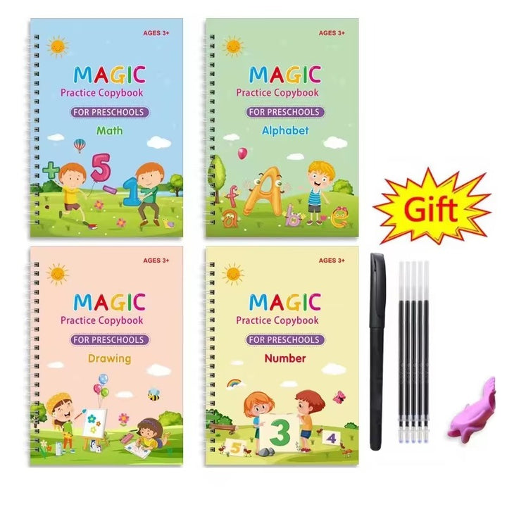 Magic Reusable Copybook Set – 4 Practice Books with Pen for Kids Learning