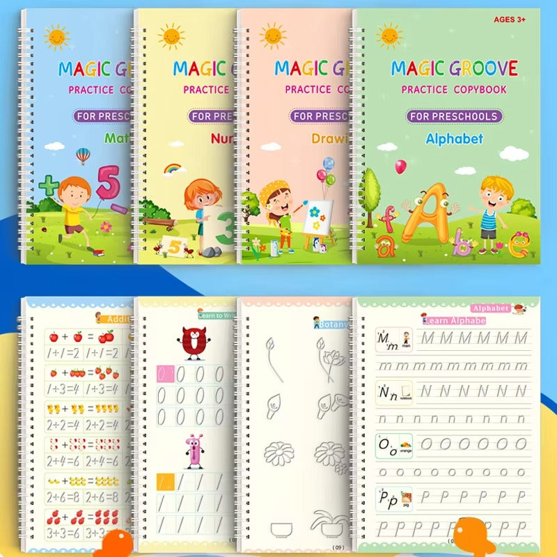 Magic Reusable Copybook Set – 4 Practice Books with Pen for Kids Learning